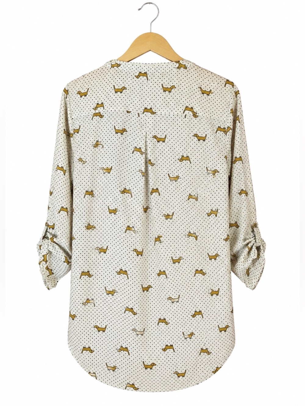 Dachshund Dog Print Polka Dot playful whimsical roll-tab sleeved blouse NWT SM - Picture 2 of 7